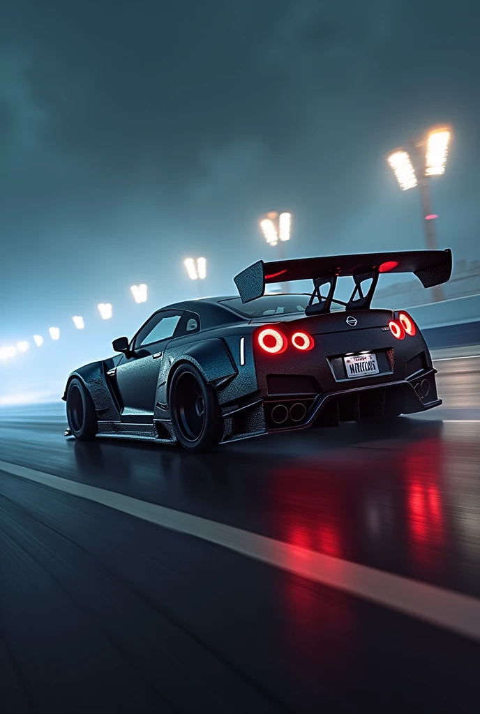 Nissan gtr with body kit modified in racing track in night with fog and fire