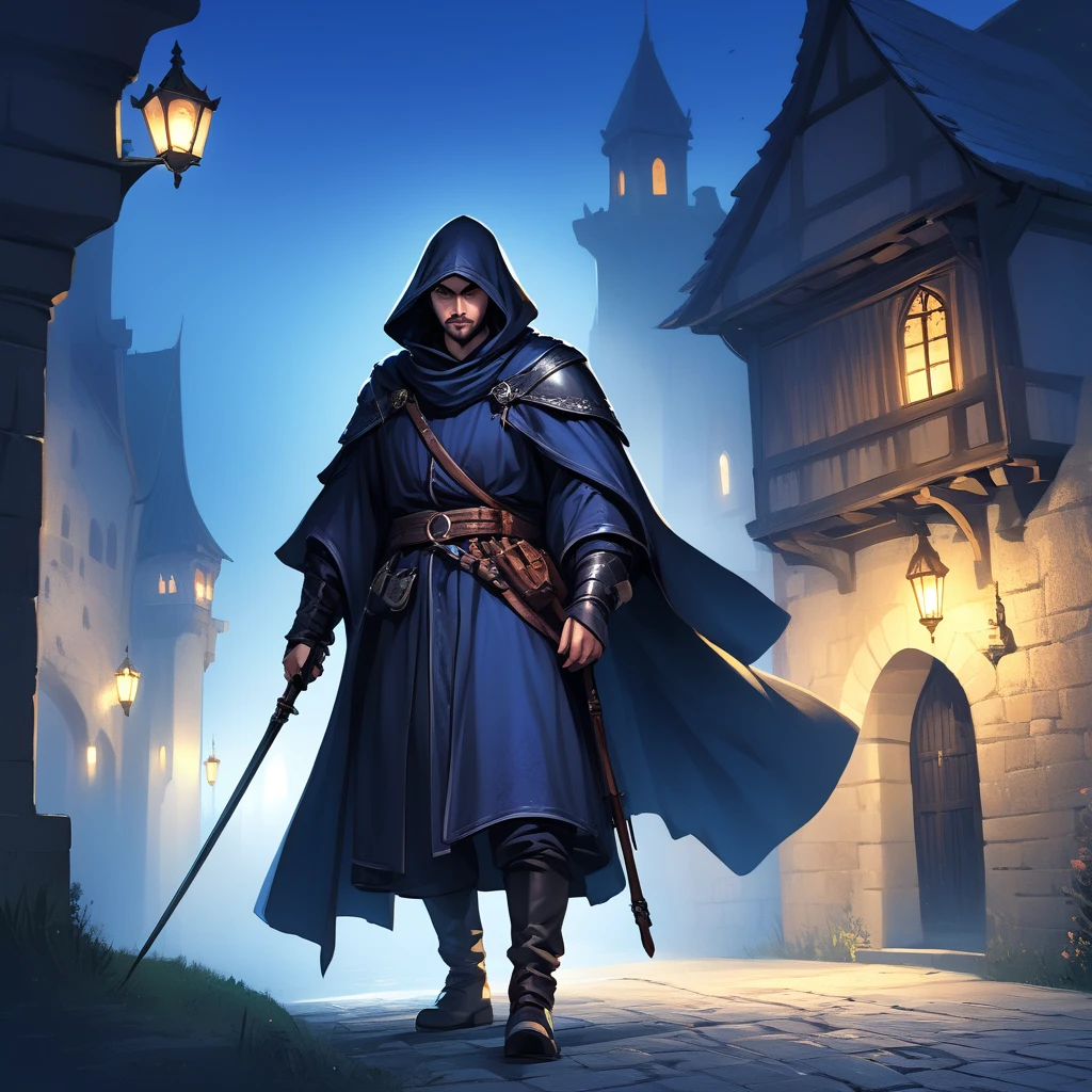 Medieval Europe，at night，An assassin in night clothes，Lurking behind a noble man。Mid-ground composition，Game illustration style，Magic style，Suitable for card illustrations。