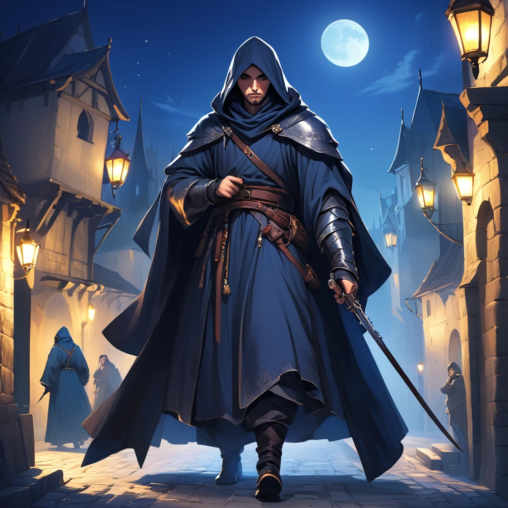 Medieval Europe,at night,An assassin in night clothes,Lurking behind a noble man。Mid-ground composition,Game illustration style,Magic style,Suitable for card illustrations。
