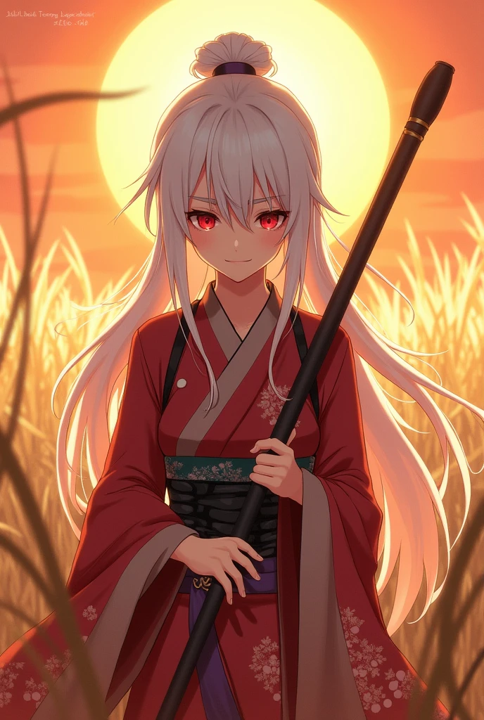 White-haired woman with red eyes, Chinese-style clothes, under the hot sun, exhausted after pulling grass, anime art