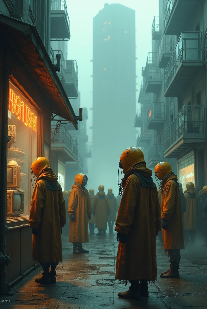 Cyber foggy style destopik street population robots humanoids old destroyed orange creepy metallic fringed with cables from their faces, talking to each other, destopyc cyberpunk street with other robots in the street their orange masks are orange and grunge and their eyes are lights,foggy street with some light spots, realistic sizes,very sad robots dressed like human poors in front of an old shop exposing old televisions they must be seen by back and are looking in front of the vitrine by back,in background a crowded very big building futuristic and sad
