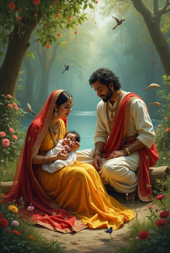 Indian queen just gave birth to a baby boy in a garden with lake flowers animals birds... Nearby her is her husband and dasis
