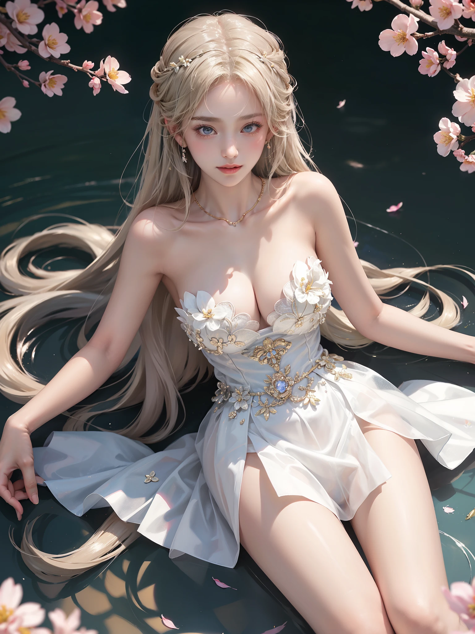 Sweet girl clothes4,strapless dress,jewelry,((Girl lying in the pool))、She gently lifted her skirt with one hand,Make gentle and playful gestures,((Lots of flowers瓣)), Lots of flowers,Lots of scattered petals,Cherry tree,Petals are flying all over the sky,A beautiful and charming woman, Elegantly, Her plump breasts are on display.,Visible cleavage,Beautiful natural legs,Sexy long legs,Various slim and lovely beauties, Her long hair cascades down like a waterfall。She smiled brightly,Eyes sparkling,Her skin is flawless。Her curves are highlighted。Shine in the light,The color is pastel,She lay confidently,One hand on hip,Her posture is both graceful and strong.。She wore elegant high heels,It matches her outfit very well。In the warm golden sun。The overall mood of the picture is tranquil and uplifting,Emphasis on natural beauty and elegance, Studio Lighting,Vibrant colors, Cute girl, sweet smile, cosmetic,Shy,blush,Open your mouth,Heavy breathing,moan,超realism,realism,Movie Lighting,comfort,Sony FE GM,Retina,masterpiece,precise,Anatomically correct,Textured Skin,Super Detail,High Detail,best quality,Colorful