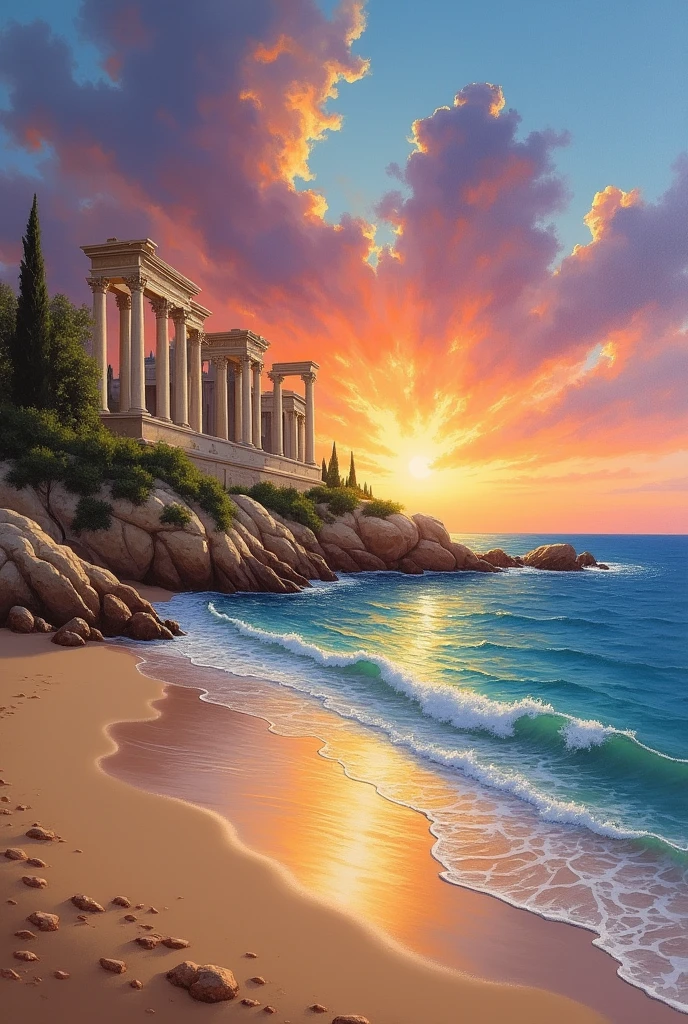 a simple but beautiful painting, beach sunset, with roman architecture, no people, only scenery