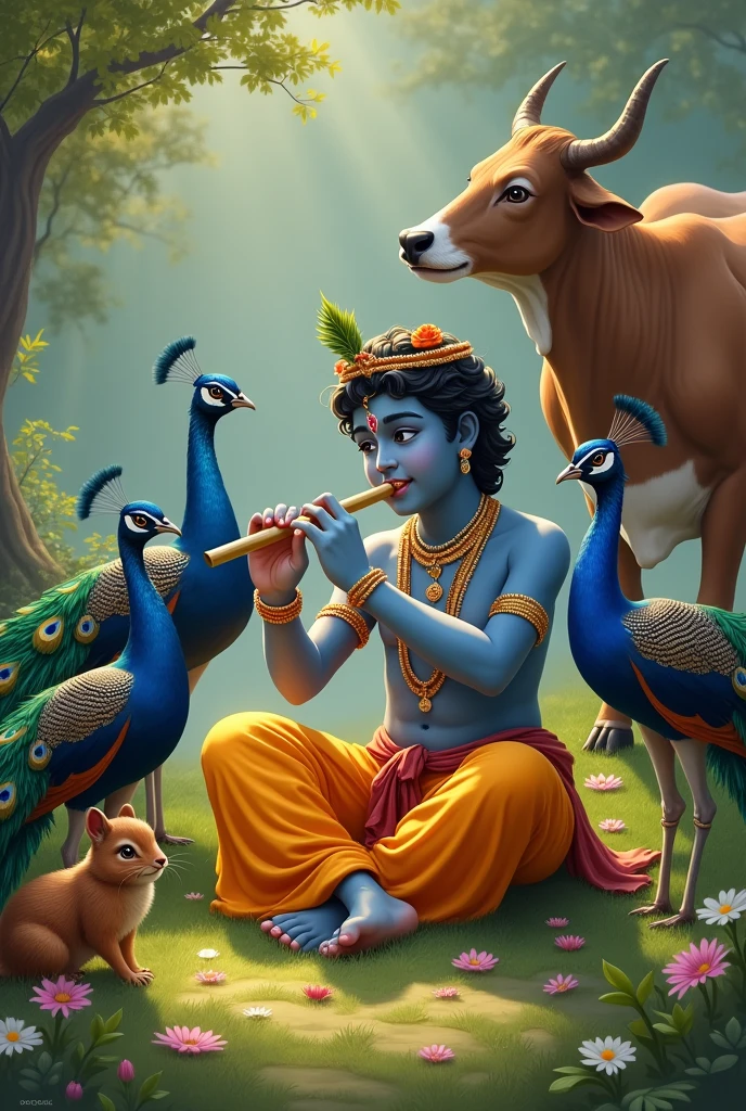 ) Shri krishna playing bamboo flute sitting on a ground, beautiful group of peacock, squirrel and a beautiful cow beside, fantasyreal