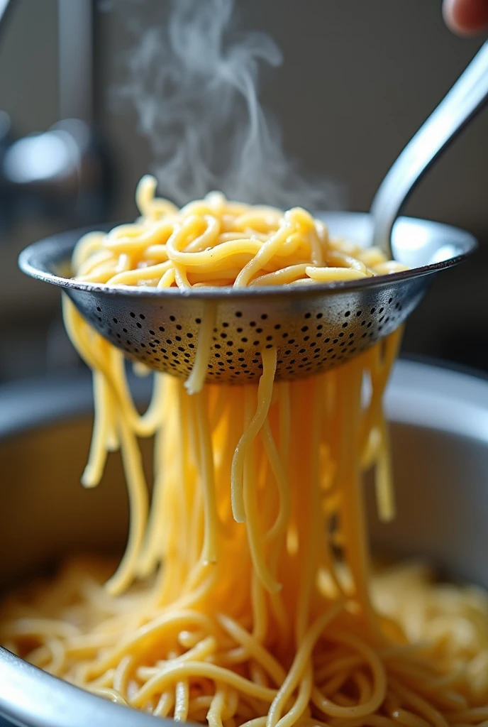close up shot of noodle being strained with a strainer on a sink