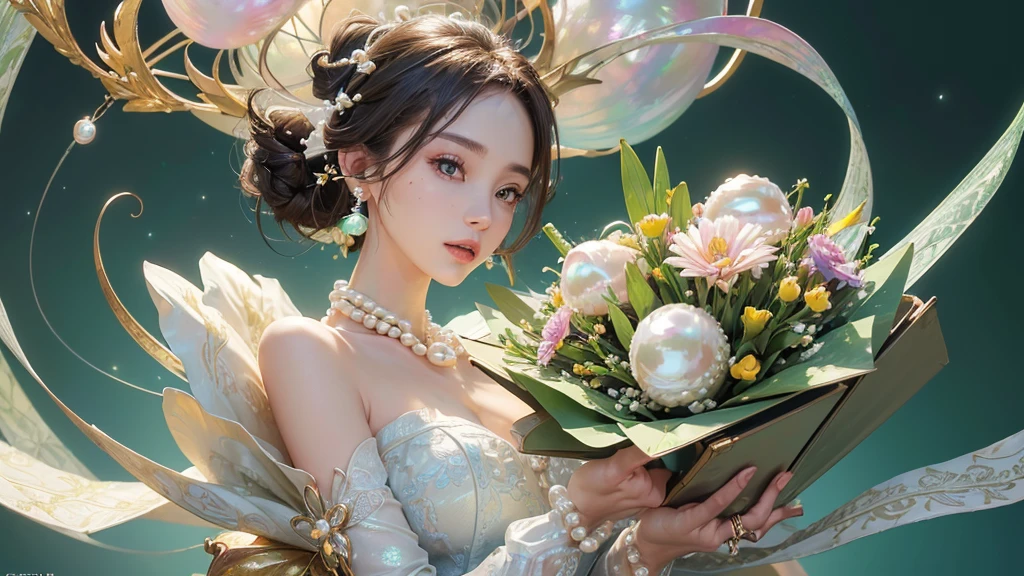 32K, 最高quality, 最高masterpiece, (ultra-Detailed Background, Detailed Background), High resolution, Super detailed, Very detailedな, 1 personの, (bouquet:1.3), (Tangled:1.2), (Geometric:1.2),(colorful),(masterpiece, quality, best quality, Official Art, Beautiful and beautiful:1.2), (1 person:1.3), Very detailed,(colorful:1.1)(Flowers:1.3),Most detailed,(Tangled:1.2), whole body, (Abstract background:1.3), (Skin glows), (Many colors:1.4), ,(Earrings Pearl:1.5), Light green background, It's imaginative., Brunette Hair, Updo, Holding a book, Holding a pen, Satin shirt