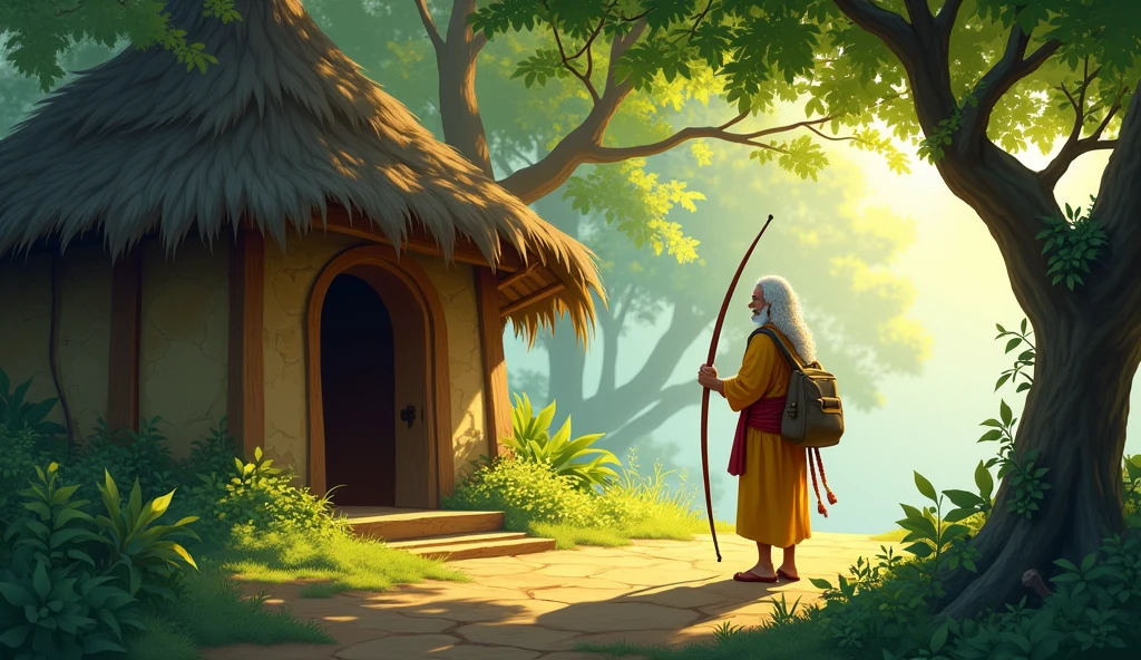 Sage Bhaskar welcoming Arav: Depict Sage Bhaskar standing at the entrance of his hut, warmly welcoming Arav.arav should carry his bow and a small pack,  The sage should have a gentle smile, and the surrounding for surrounding forest should be lush and calming.