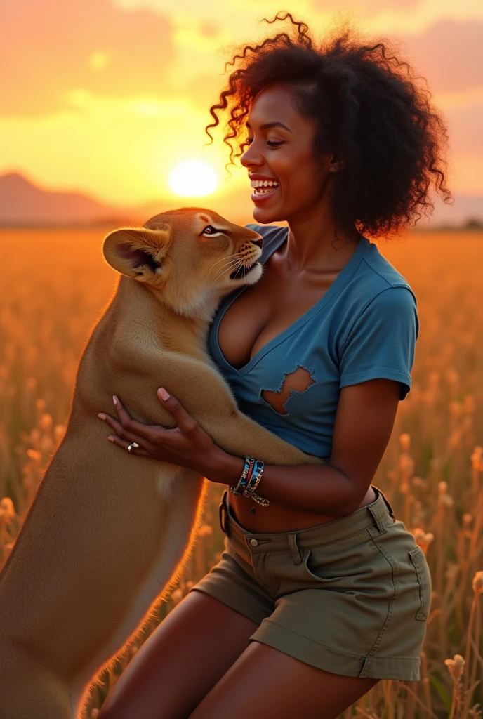 A dynamic, photorealistic image capturing a playful moment. It features a young African woman with short, curly black hair, laughing as she playfully wrestles with a mischievous lion cub. She is topless and dressed in comfortable khaki shorts and a loose blue t-shirt that is completely torn, especially around her chest area. The t-shirt is ripped open, revealing a significant portion of her breasts, she has big boobs, emphasizing the extent of the damage to her clothing. Her eyes sparkle with joy. The lion cub playfully bites at her torn t-shirt while she gently tries to hold it back. The two are positioned in the middle of a field of tall, golden grasses, with a spectacular sunset casting a warm glow over the scene. The woman wears a beaded bracelet. The sun is positioned just behind her, creating a backlit effect