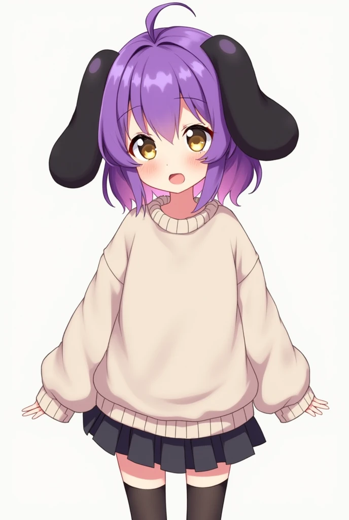 Anime girl with floppy puppy ears that has purple hair with black ends, wearing a oversized sweater with a small black skirt and knee high black socks,