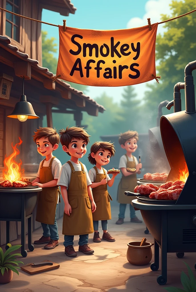 A group of kids selling cooked  meat in an outdoor kitchen rustic atmosphere with banner saying SMOKEY AFFAIRS 