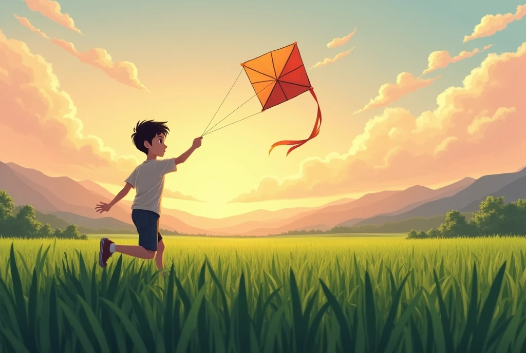 a boy is playing a kite, paddy field area, evening time, twilight light,