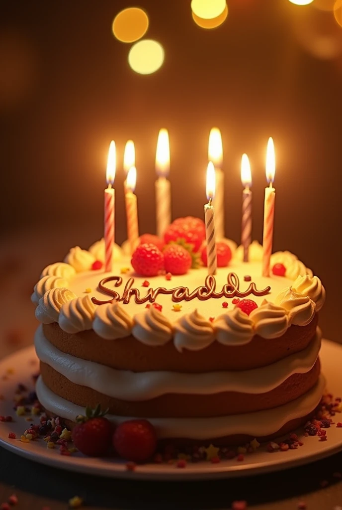 A cake
With name Shraddii
With candles lighted