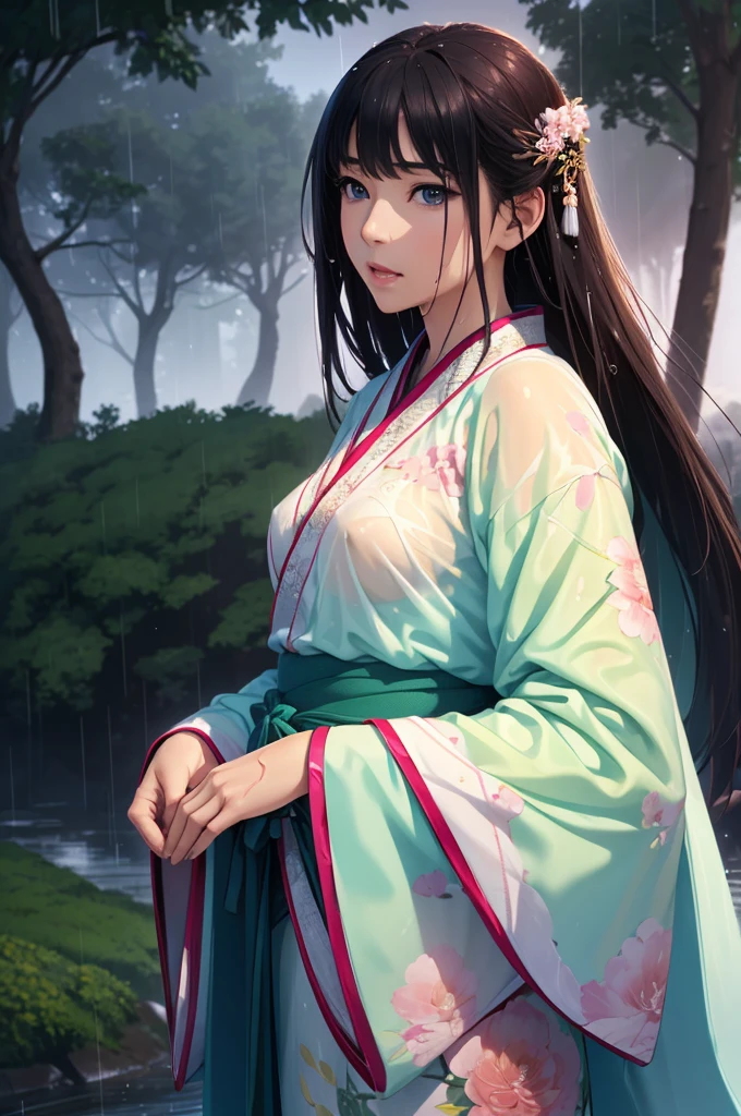 Heavy rain background、In the storm、in the forest、Walking in the river、On the run、In the fog、war (Highest quality,4K,8k,High resolution,masterpiece:1.2), Very detailed, (Realistic,Realistic,Realistic:1.37), High resolution, Hyper HD, Studio Lighting, Ultra-fine painting, Sharp focus, Physically Based Rendering, Very detailed説明, Professional, Vibrant colors, Bokeh, Sports Late Night, Ancient War Landscapes, Traditional Chinese Painting Techniques, Atmospheric lighting, Vivid color contrast, Ethereal atmosphere,Very detailed目と顔, Beautiful attention to detail, Light on the face,白いHanfu (Hanfu: 1.1),My whole body is wet、My clothes are wet and transparent、Nipples are visible、The nipples are pale pink、Rain clouds spreading across the sky、Heavy rain weather、Pouring rain、Wind and rain storm、((Soaked skin from head to toe))、((Rain-soaked clothes(Rain dripping from clothes))、((The lines of your body are clearly visible through your wet clothes...))、、(Green Eyes: 1.1)、Slim figure、Small breasts、Sexy pose