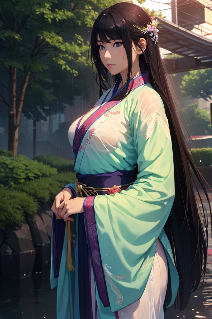 Heavy rain background、In the storm、in the forest、Walking in the river、On the run、In the fog、war (Highest quality,4K,8k,High resolution,masterpiece:1.2), Very detailed, (Realistic,Realistic,Realistic:1.37), High resolution, Hyper HD, Studio Lighting, Ultra-fine painting, Sharp focus, Physically Based Rendering, Very detailed説明, Professional, Vibrant colors, Bokeh, Sports Late Night, Ancient War Landscapes, Traditional Chinese Painting Techniques, Atmospheric lighting, Vivid color contrast, Ethereal atmosphere,Very detailed目と顔, Beautiful attention to detail, Light on the face,白いHanfu (Hanfu: 1.1),My whole body is wet、My clothes are wet and transparent、Nipples are visible、The nipples are pale pink、Rain clouds spreading across the sky、Heavy rain weather、Pouring rain、Wind and rain storm、((Soaked skin from head to toe))、((Rain-soaked clothes(Rain dripping from clothes))、((The lines of your body are clearly visible through your wet clothes...))、、(Green Eyes: 1.1)、Slim figure、Small breasts、Sexy pose