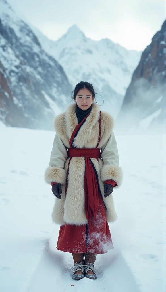 Tibetten cute girl, Tibetan snow ， 2000，White smoke， Full of movement，Hasselblad， National Geographic photo， Semi-body shot, high-quality photo，Full body photo，Lower body，Wearing shoes，20-year-old Tibetan girl，Wearing shoes，Wearing shoes