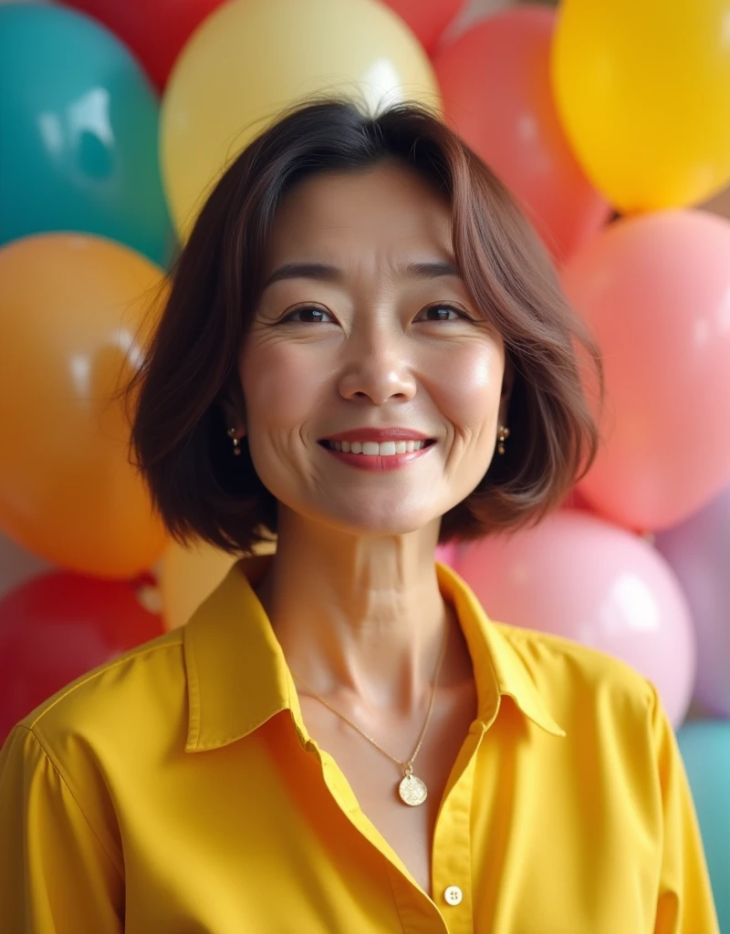 Realistic, beautiful senior woman short bob hair 50 years, wearing yellow shirt, thin smile, balloons on the background, birthday party atmosphere 