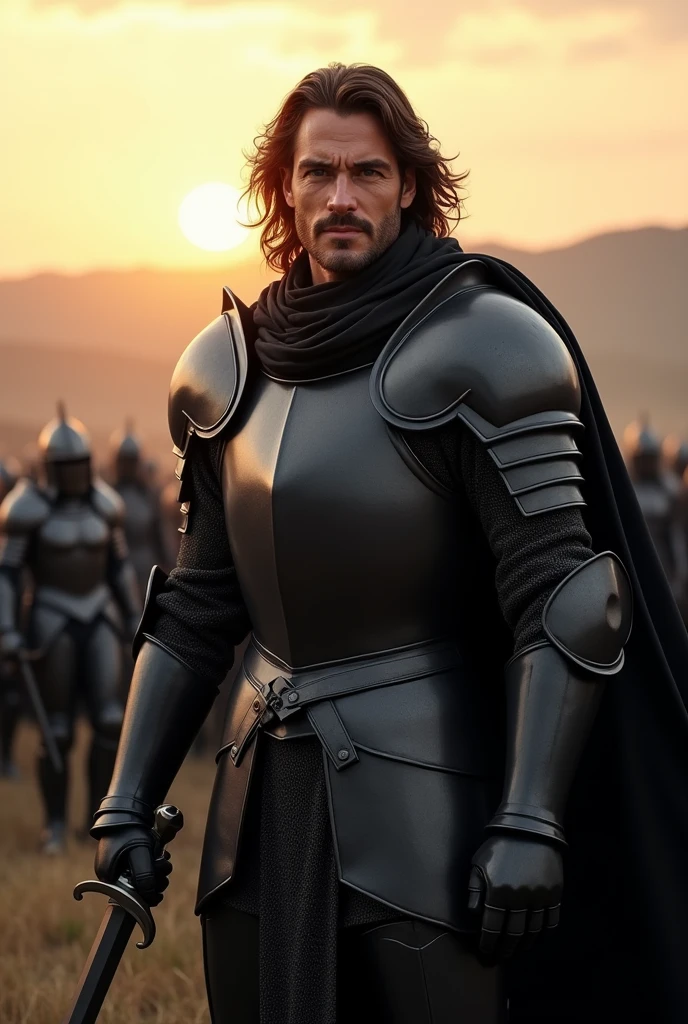 generate landscape picture, 1080p, generate brave man with brown hair, wearing black armor, a knight with a sword stand before his enemies, he smiling and doesnt have any fear in his face, he drawing his sword againts the enemy