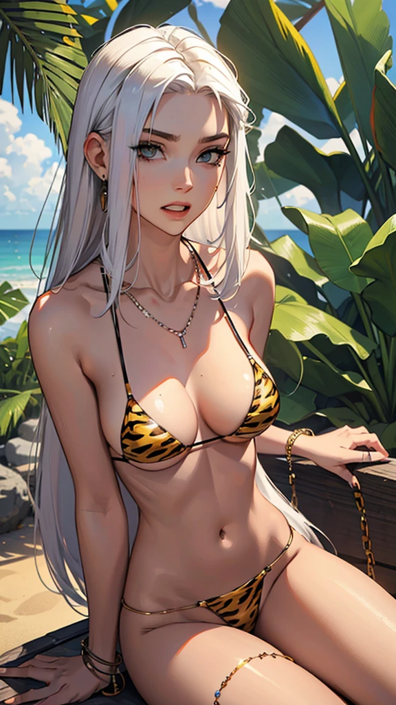 （lifelike， high - resolution：1.3）， 1 girl with a perfect body，slender body, Super fine face and eyes，assasin, dark makeup, shiny skin，white hair, (jungle bikini, animal print micro bikini)，Expose cleavage, (bracelets, tooth jewelry, a lot of necklaces, very long necklaces, necklaces down to stomach, body chains, waist chains)seraphine1, sitting with legs spread