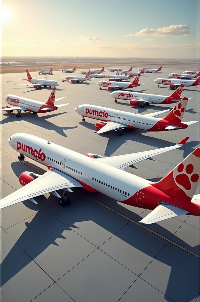 Create airplanes that have the pumclo brand and that have a red cat footprint, the letters and the footprint that the airplanes are parked on the runway
