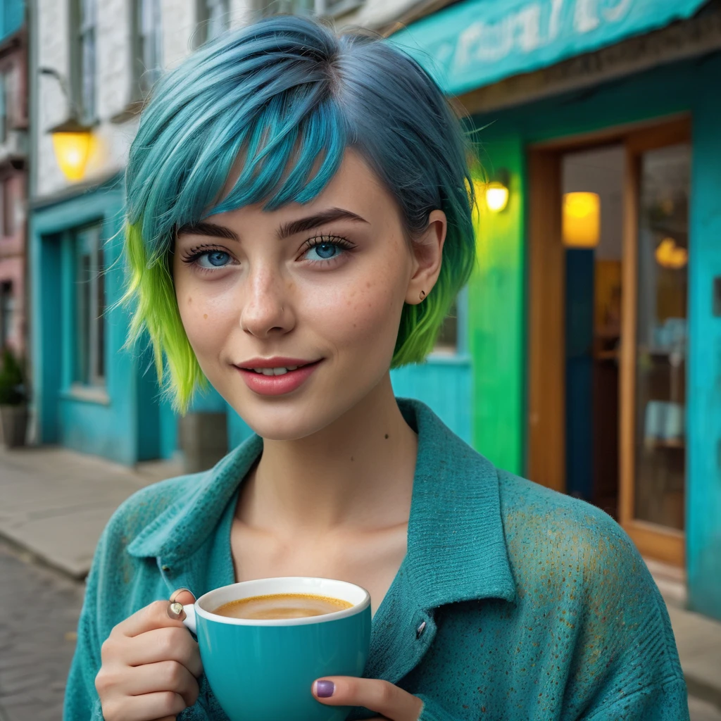 (Best quality), ((artistic realization)), (ultra detailed), Woman 20 Years Old Nordic Ethnicity, Short blue hair with a perfect face and light freckles, Blue-Green Eyes, in front of a building, holding a cup of coffee, lively and vibrant atmosphere, excitement, (ultra detailed), ((photorealistic)), ((Color palette - turquoise, neon green, yellow shades))