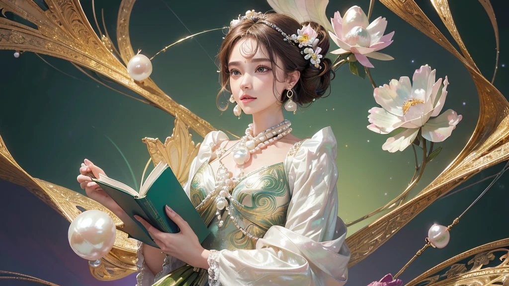 32K, 最高quality, 最高masterpiece, (ultra-Detailed Background, Detailed Background), High resolution, Super detailed, Very detailedな, 1 personの, (bouquet:1.3), (Tangled:1.2), (Geometric:1.2),(colorful),(masterpiece, quality, best quality, Official Art, Beautiful and beautiful:1.2), (1 person:1.3), Very detailed,(colorful:1.1)(Flowers:1.3),Most detailed,(Tangled:1.2), whole body, (Abstract background:1.3), (Skin glows), (Many colors:1.4), ,(Earrings Pearl:1.5), Light green background, It's imaginative., Brunette Hair, Updo, Holding a book, Holding a pen, Satin shirt