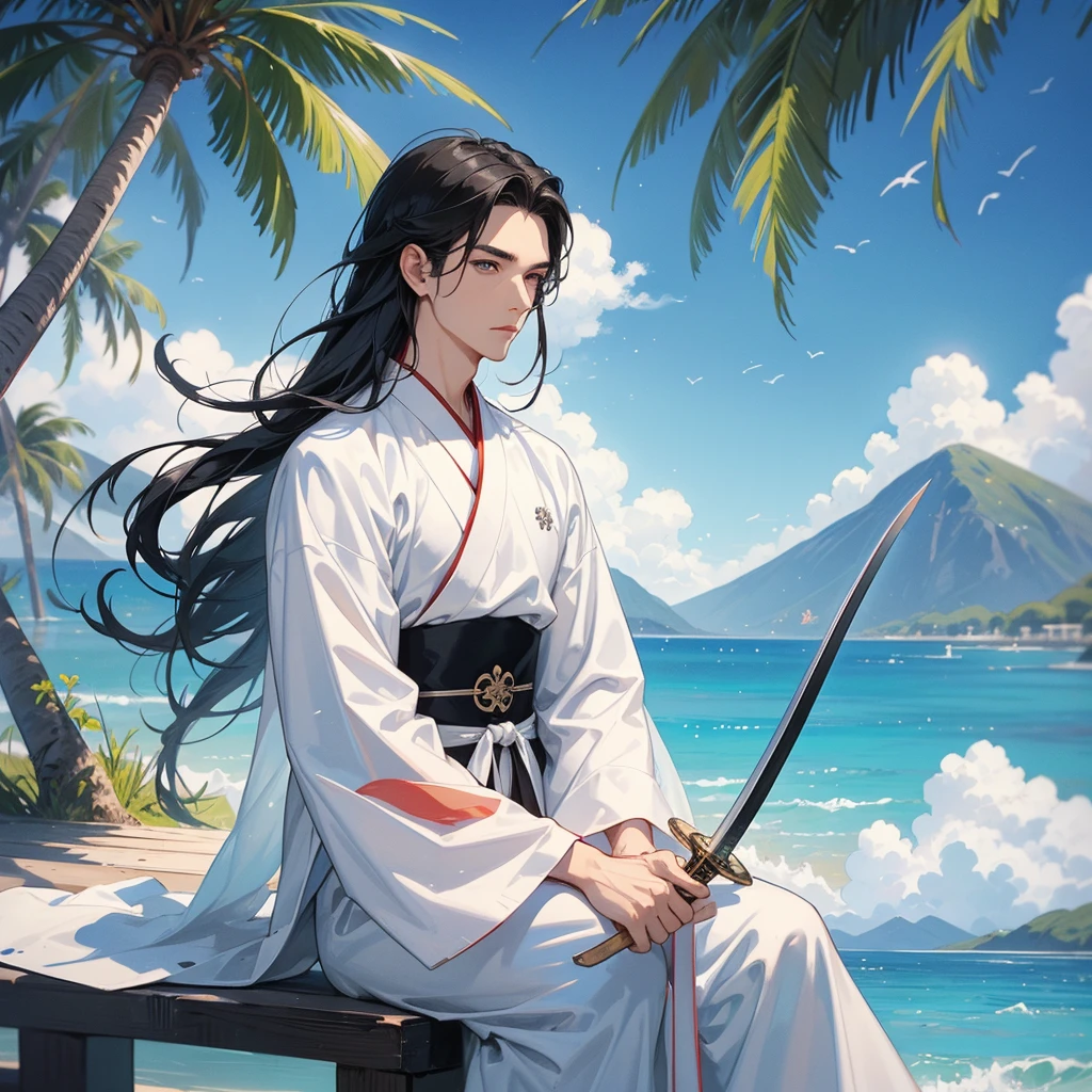 A Handsome black-hair male holding a large sword in white hanfu dress, close up.

Sitting fishing By the blue sea Under the coconut tree Behind there are mountains, with low, lazily floating clouds.