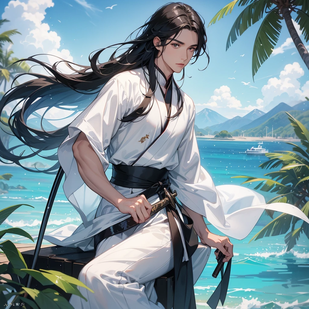 A Handsome black-hair male holding a large sword in white hanfu dress, close up.
Sitting fishing By the blue sea Under the coconut tree Behind there are mountains, with low, lazily floating clouds.