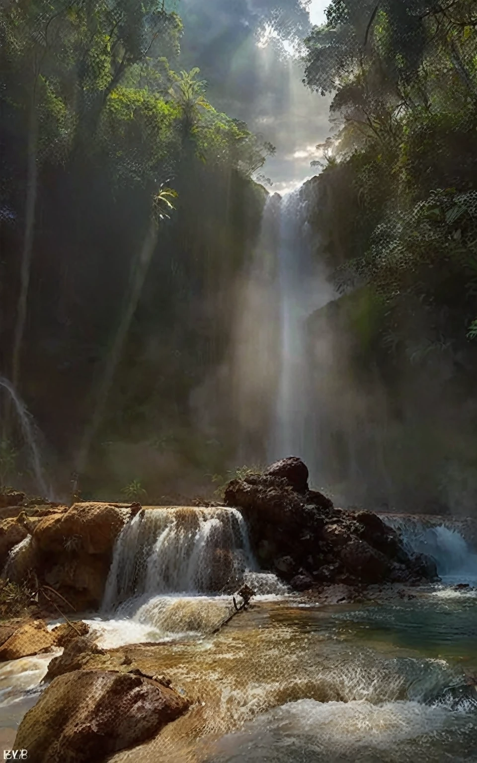 ((masterpiece)), ((best quality)), ((Extremely detailed)), (amazing:1.1), beautiful, nature, sky and ground, Sunrise time, Line Cloud,Light from the clouds, Located in a remote jungle, Award-winning photos, BLN-L24, Touch,High contrast,Low saturation,High saturation 8k 3D, f2.8 lenses, Aerial View,