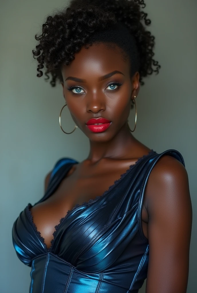 Really dark skinned 1 girl Really dark skinned 19 Really dark skinned 19 Big breasts Thin waist Blue eyes Blue eyes Blue eyes Really blue eyes Really blue eyes curly hair Turned up nose Red lipstick Wearing a metallic blue Victorian dress 
Modeling, placing the foot to the viewer 