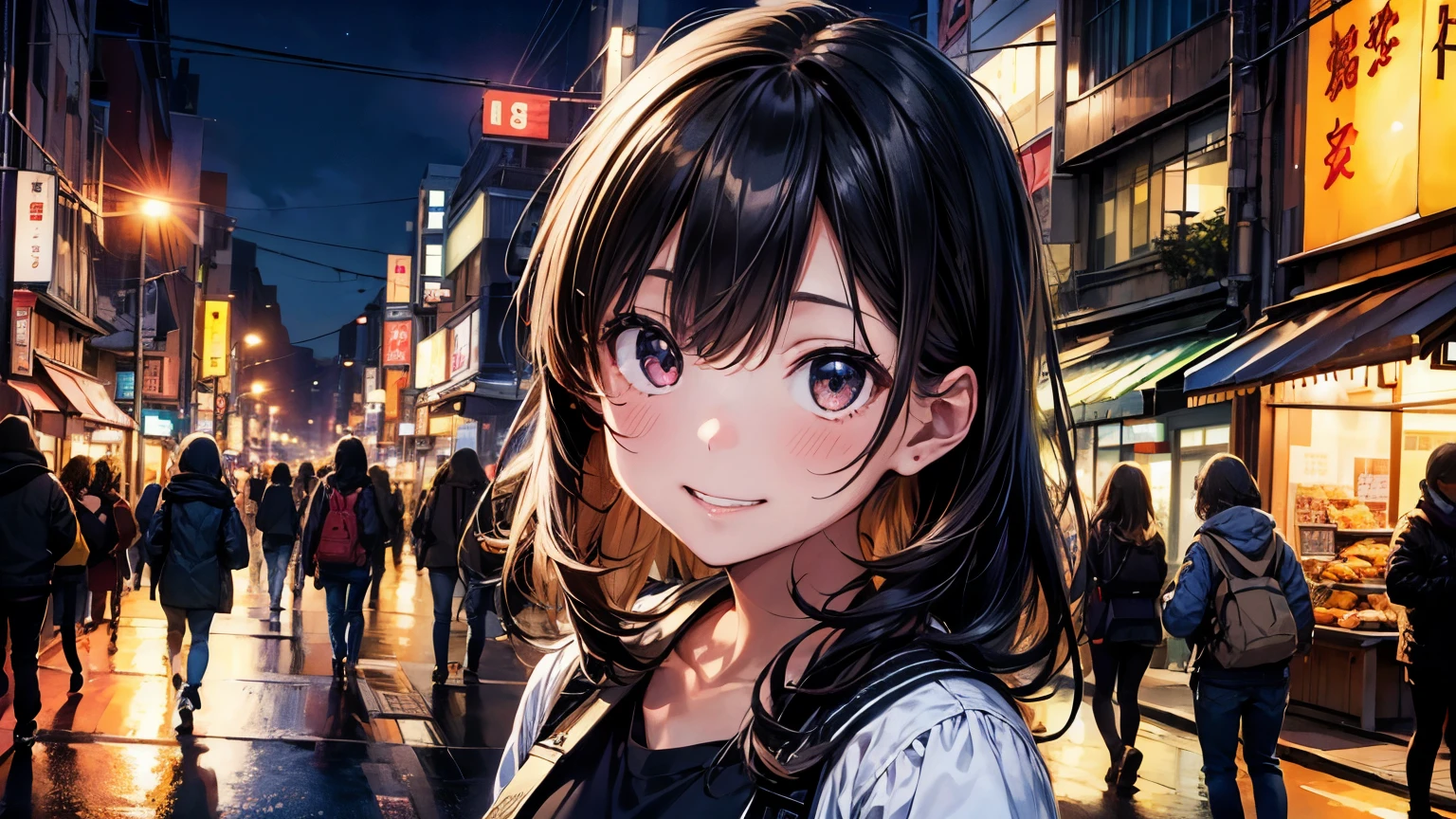 1 Girl, Tokyo Street,night, Streetscape,City lights,Upper Body,close,smile,, (8K, Raw photo, highest quality, masterpiece:1.2),(Realistic, photo-Realistic:1.37),