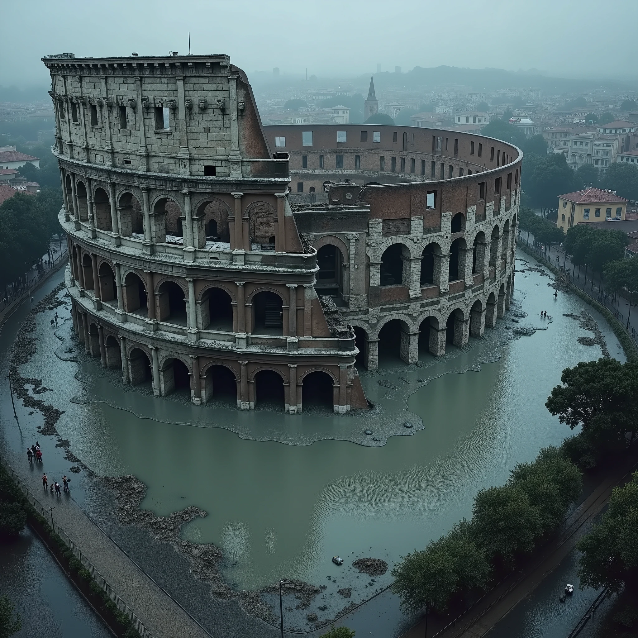 A photorealistic aerial view captures the Colosseum in Rome, dramatically altered by a thick layer of gray sludge. From above, the ancient amphitheater appears nearly unrecognizable, with its iconic stone structure partially obscured by the viscous mass that has overtaken its interior.

The interior of the Colosseum is completely filled with the gray slime, which has a dense, almost gelatinous texture. The sludge rises up and spills over the arched windows and openings of the Colosseum, creating streams and pools of the gooey substance that cascade down the outer walls. The once-visible arena floor and tiers are submerged beneath the muck, with only a few remnants of the original stonework faintly visible through the thick gray layer.

The slime appears to be oozing from every crevice and entrance, flowing out and creating a slick, reflective surface on the ground around the base of the Colosseum. This gooey overflow extends outward from the monument, spreading across the surrounding area and pooling in the nearby streets.

The sky above is dark and overcast, with heavy clouds that cast a cold, shadowy light over the scene. The usual vibrant atmosphere of Rome is replaced by an eerie, unsettling silence, adding to the surreal and apocalyptic feeling of the image. The overall tone is one of profound disruption, as the majestic Colosseum is enveloped by the relentless, encroaching gray sludge, transforming an iconic historical landmark into a scene of environmental catastrophe.