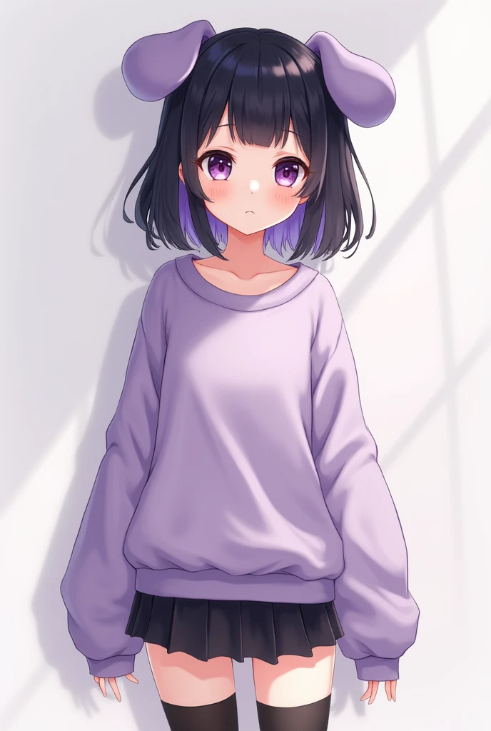 Anime girl with floppy puppy ears that has purple and black hair, wearing a oversized sweater with a small black skirt and knee high black socks, 18+