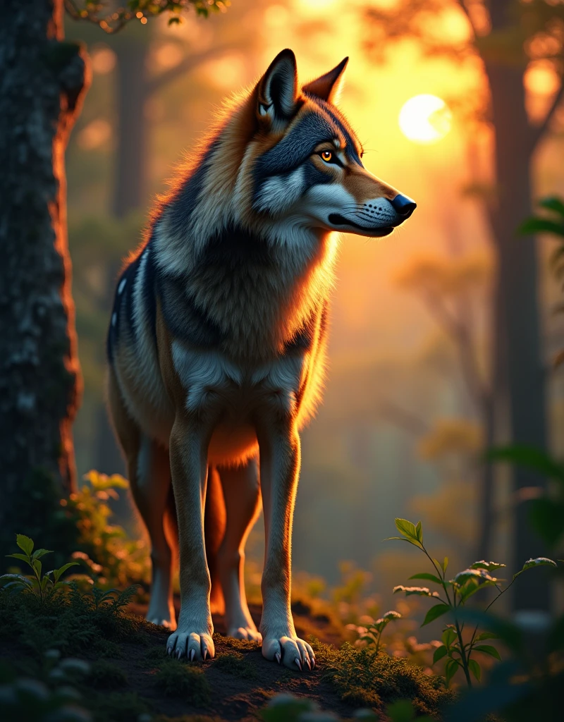 Wild wolf in natural habitat, Dense forest at dusk. The wolf stood majestically, The setting sun shines through the trees,Lights up its fur. The wolf's sharp gaze conveys a sense of primitive wisdom and caution. The forest background is rich in detail, With intricate foliage and dappled sunlight. Images should be digital illustrations,Focus on realistic textures and lighting. from《National Geographic》Get inspiration from wildlife photographers on platforms like 500px. Use 300mm+ Close-up camera lens, Capturing every nuance of the wolf's expression and fur. Lighting should emphasize the warmth of the sun's rays,and create a sense of depth and three-dimensionality. Resolution should be at least 4K,To present complex details.