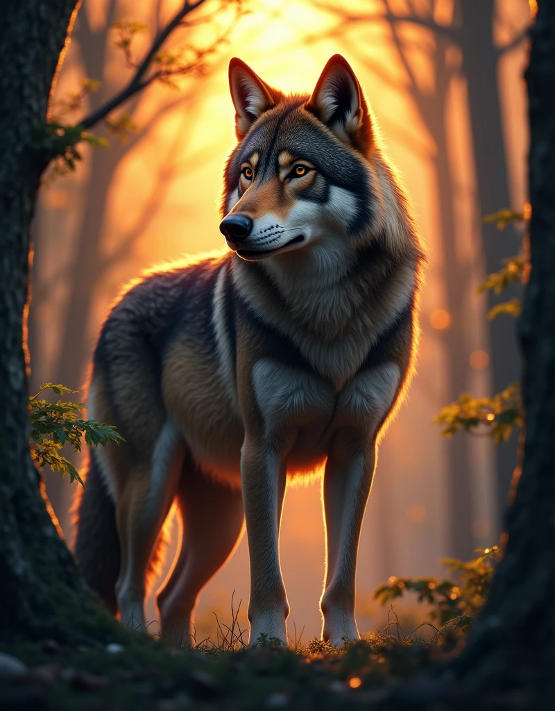 Wild wolf in natural habitat, Dense forest at dusk. The wolf stood majestically, The setting sun shines through the trees，Lights up its fur. The wolf&#39;s sharp gaze conveys a sense of primitive wisdom and caution. The forest background is rich in detail, With intricate foliage and dappled sunlight. Images should be digital illustrations，Focus on realistic textures and lighting. from《National Geographic》Get inspiration from wildlife photographers on platforms like 500px. Use 300mm+ Close-up camera lens, Capturing every nuance of the wolf&#39;s expression and fur. Lighting should emphasize the warmth of the sun&#39;s rays，and create a sense of depth and three-dimensionality. Resolution should be at least 4K，To present complex details.