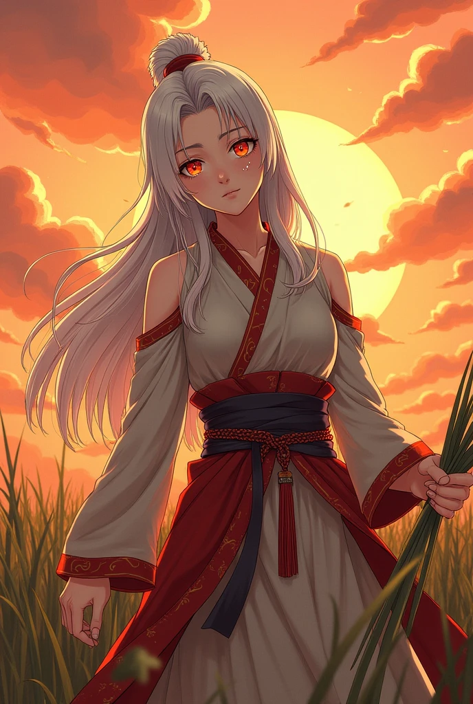 White-haired woman with red eyes, Chinese-style clothes, under the hot sun, exhausted after pulling grass, anime art,Make you sweat because you're tired
