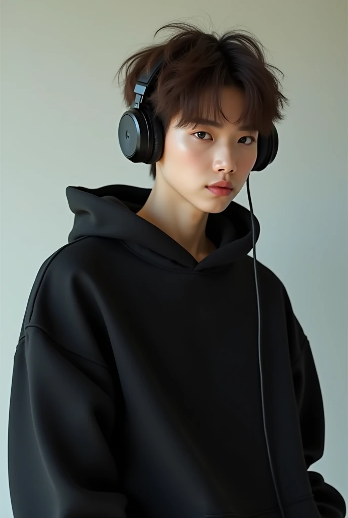 I want a musician of korean style with black hoody and headphones with brown messy fringe hairstyle