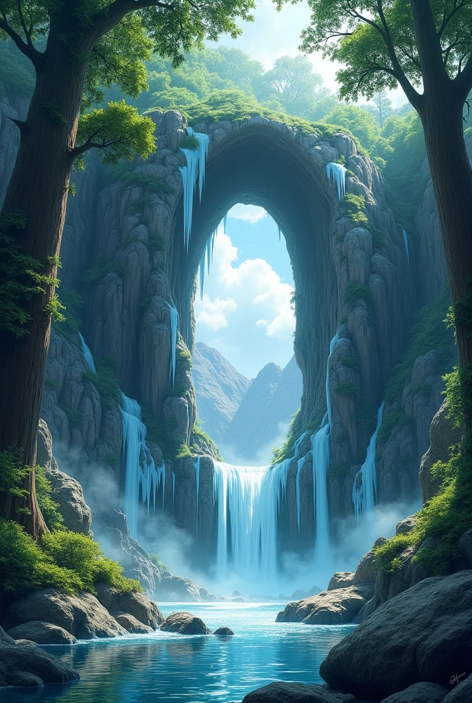 The opening of a cave with waterfall and clouds and ice and trees forest