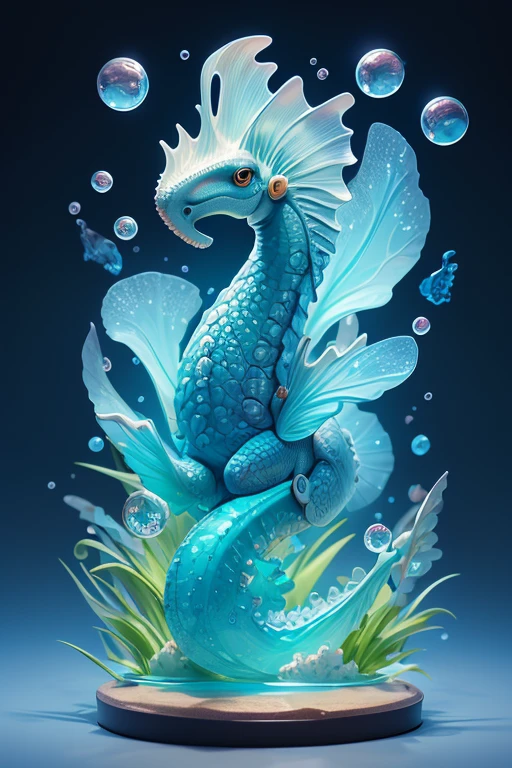Create a seahorse monster image. The body is transparent and can be seen through. The image is sharp and detailed., with beautiful colors.. With arms, leg, eyes, mouth, พื้นหลังสีlegว