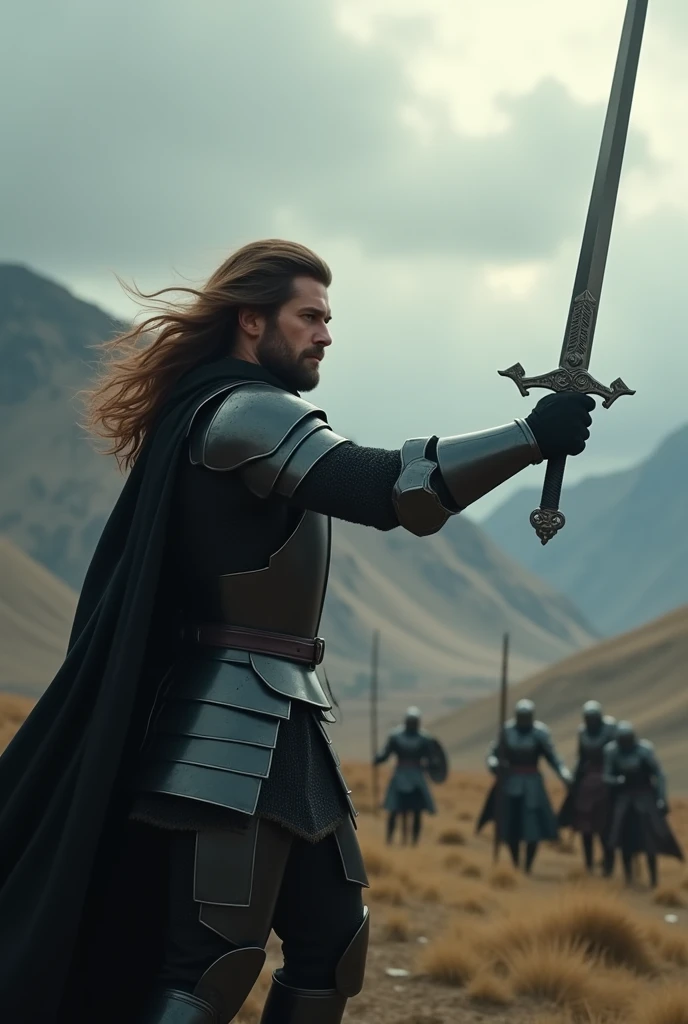 generate landscape picture, 1080p, generate brave man with brown hair, wearing black armor, a knight with a sword stand before his enemies, he drawing his sword againts the enemy