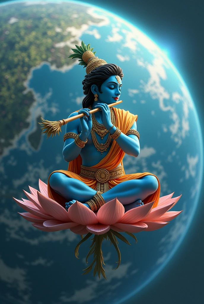 Generate a photo of krishan
Sitting on the planet earth and play flute