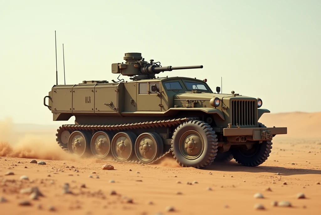WWII US Army Half-track、Shallow depth of field、(masterpiece:1.3) (最high quality:1.2) (high quality:1.1)、Cinematic Light, ((Cinema Lighting),(Natural light),(High level of artistry),(artistic),(Genuineと見分けがつかない品質),RAW Photos,Genuine,Genuine,High resolution,RAW Photos,masterpiece, beautiful,Carrier-mounted anti-aircraft gun.Lightly Armed, Light Armor, Military Vehicles, Military weapons, Military equipment, Camouflage,desert、caterpillar、crawler track、