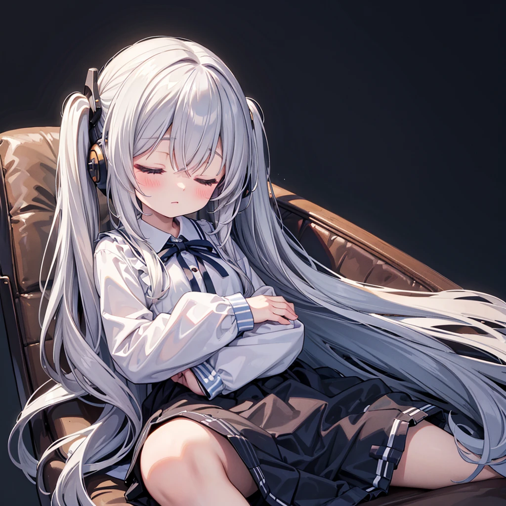One person, solo, High resolution, Long Hair, Simple Background, Close your mouth, Closed eyes, Impressionism, masterpiece, Twin tails, headphone、Are sleeping、ベッドにAre sleeping