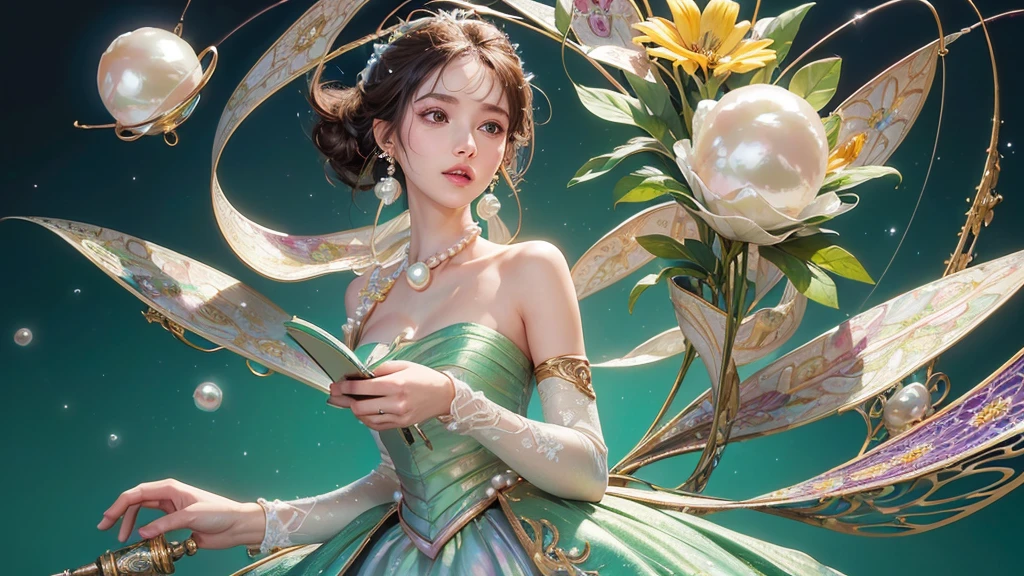 32K, 最高quality, 最高masterpiece, (ultra-Detailed Background, Detailed Background), High resolution, Super detailed, Very detailedな, 1 personの, (bouquet:1.3), (Tangled:1.2), (Geometric:1.2),(colorful),(masterpiece, quality, best quality, Official Art, Beautiful and beautiful:1.2), (1 person:1.3), Very detailed,(colorful:1.1)(Flowers:1.3),Most detailed,(Tangled:1.2), whole body, (Abstract background:1.3), (Skin glows), (Many colors:1.4), ,(Earrings Pearl:1.5), Light green background, It's imaginative., Brunette Hair, Updo, Holding a book, Holding a pen, Satin shirt