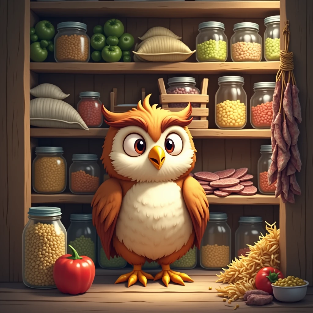 A cheerful and sweaty owl is storing supplies in a large pantry, sacks of grain on the shelves, meat, fish, canned food, vegetables
