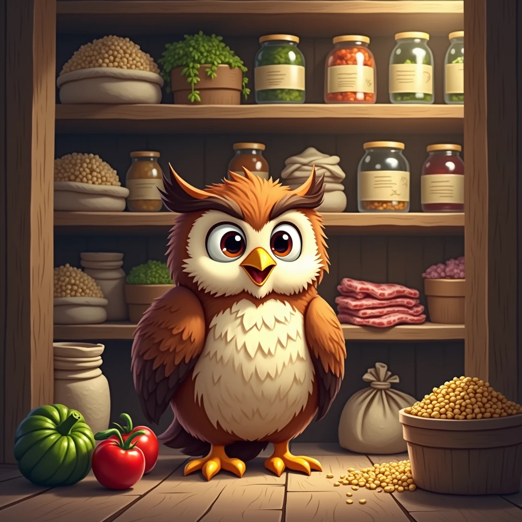 A cheerful and sweaty owl is storing supplies in a large pantry, sacks of grain on the shelves, meat, fish, canned food, vegetables