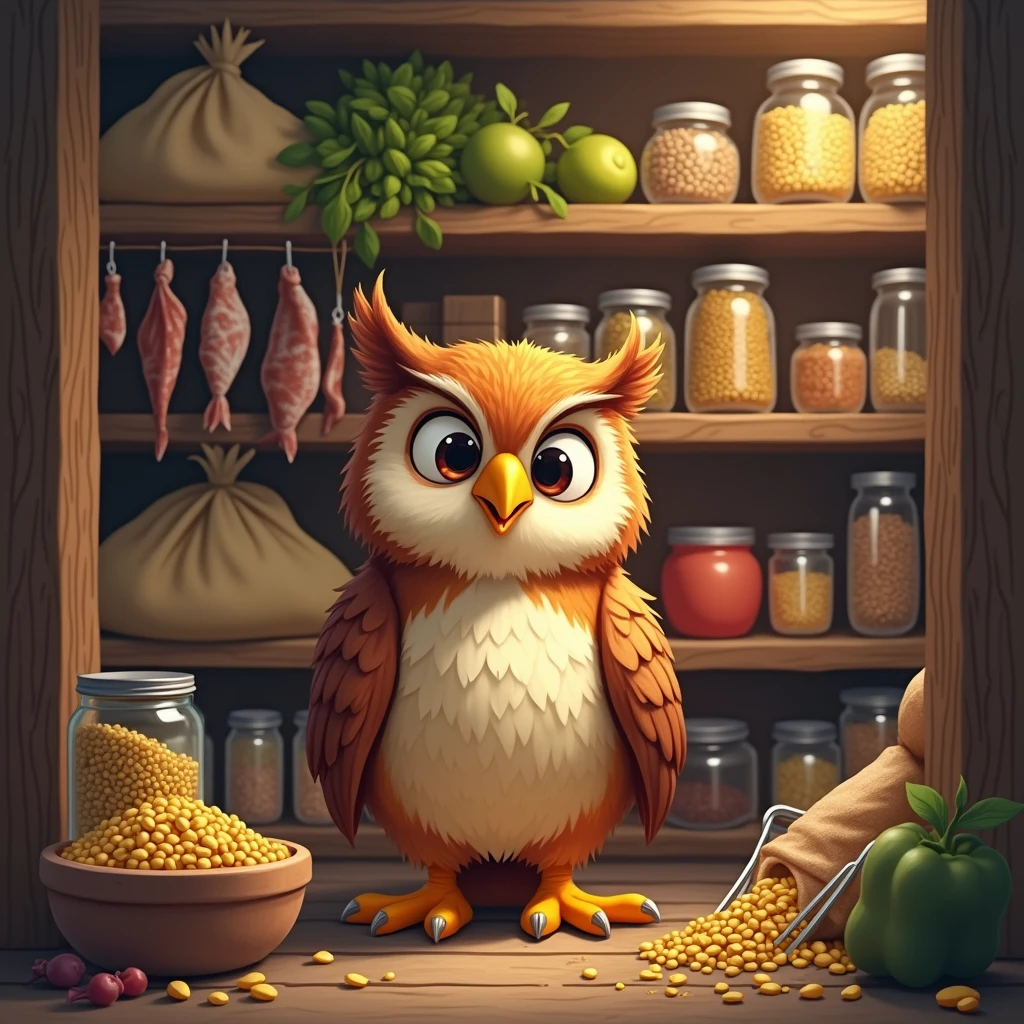 A cheerful and sweaty owl is storing supplies in a large pantry, sacks of grain on the shelves, meat, fish, canned food, vegetables