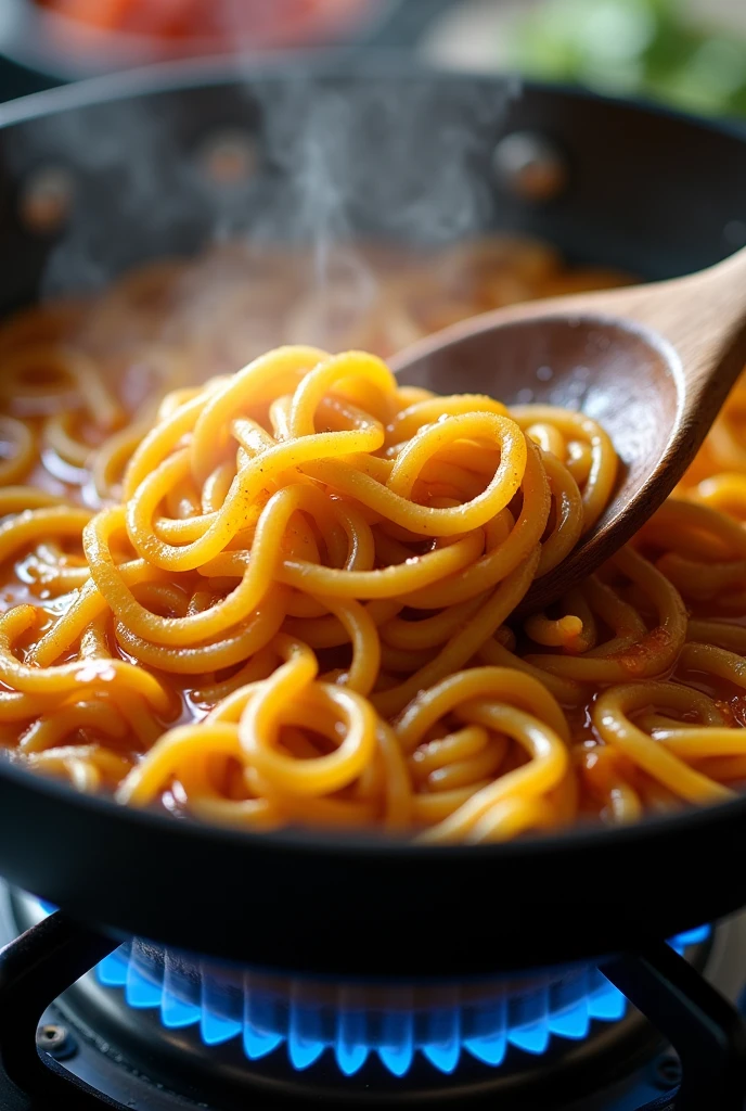 close up shot of stirring noodle on a pan on a stove