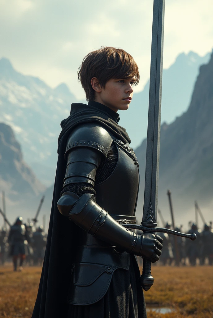 generate landscape picture, 1080p, generate young brave man with brown hair, wearing black armor, a knight with a sword stand before his enemies, he drawing his sword againts the enemy