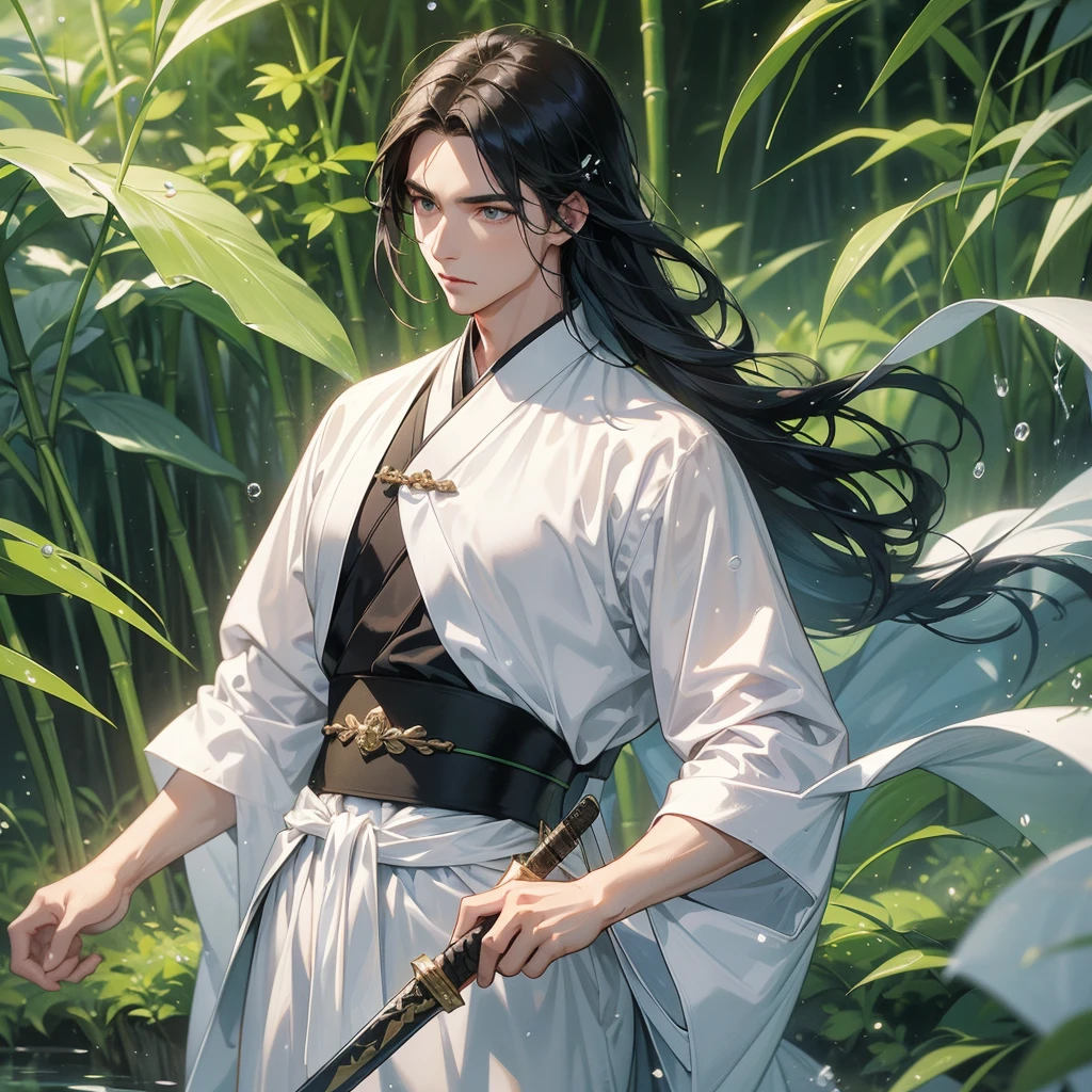 A Handsome black-hair male holding a large sword in white hanfu dress, close up.

The back is a lush green bamboo forest. The air after rain has water droplets splashing around.